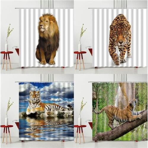 Wild Animals Shower Curtain Animal Ferocious Tiger Leopard Lion Asian Waterside Tigers Pattern Curtain Bathroom Set With Hooks