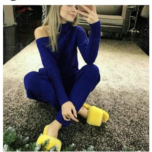 2020 Full Time-limited 2 Piece Set Wool Knit Strapless Vintage Thread Sleeve Neck Sweater Trousers Mink Velvet Two-piece Female
