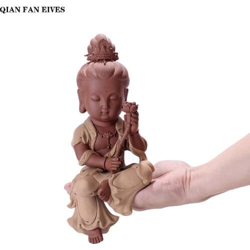 Zisha Chinese Buddha Guanyin Statue，Hand made Painted，Modern art sculpture， character home feng shui lucky decoration ornaments