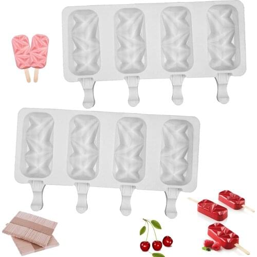 2Pcs Silicone Popsicle Molds with 100 Wooden Sticks Reusable 4 Cavities Homemade Ice Cream Mold Easy to Demold Mini Ice Pop Make