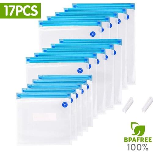 Food Grade Safe 15 Reusable Food Vacuum Sealed Bags With 2 Sealing Clips For Long-Time Food Storage