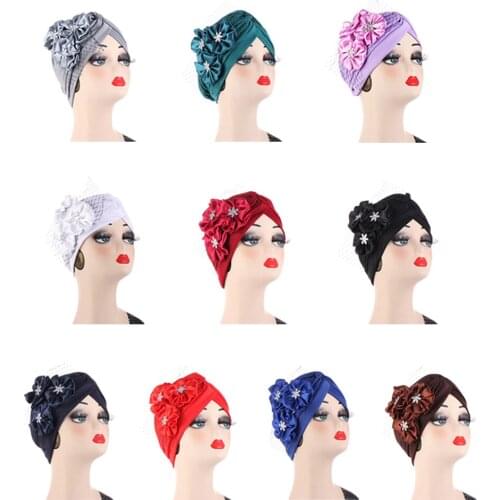 Big Flower Muslim Women Indain Hat Scarf Caps Chemo Turban Islamic Head Cover Party Evening Bonnet Pleated Vintage Elegant Hat