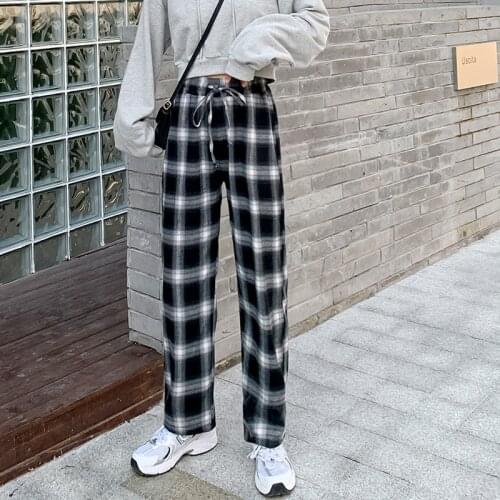 The new plaid wide-legged casual pants ladys new cotton vintage high-waisted flavor loose straight straight tube drag trousers