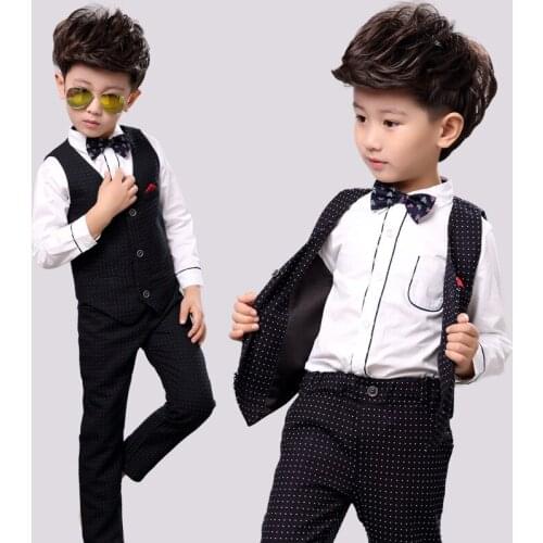 Children Summer Formal Dress Clothing Sets Flower Boys dot Vets Pants 2pcs Outfits Kids Wedding Piano Party Performance Costume