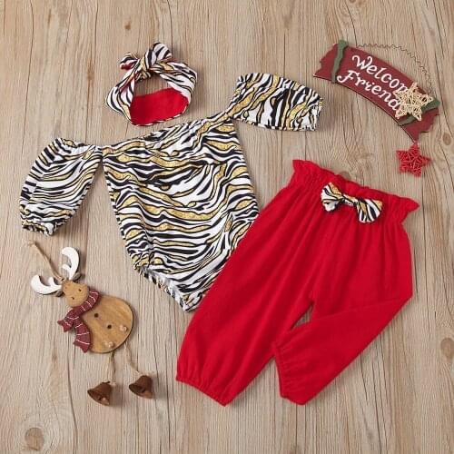 3 Pieces Baby Suit Set Girls Striped Boat Neck Off Shoulder Romper+ Long Pants+ Headband for Summer Fall