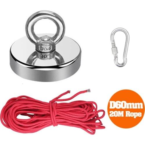 Neodymium Strong Recovery Magnet Fishing Treasure Metal Detector 60mm with 20m Rope Salvage Lifting Metal Detector Fishing 115kg