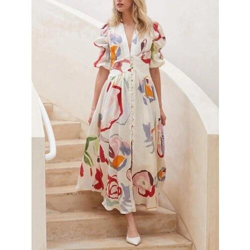 High Quality 2021 Spain Runway Dress Women Dresses Summer Designer Fashion Boho Robe Femme Elegant Floral Printed Casual Beach