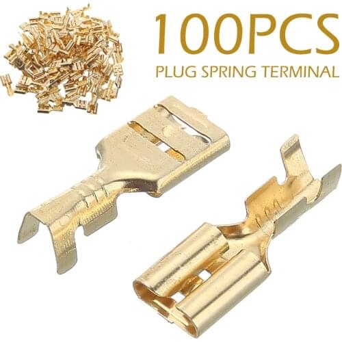 100pcs New 6.3mm Gold Brass Car Speaker Female Spade Terminal Wire Connector Electric Crimp Terminal for Home Machinery