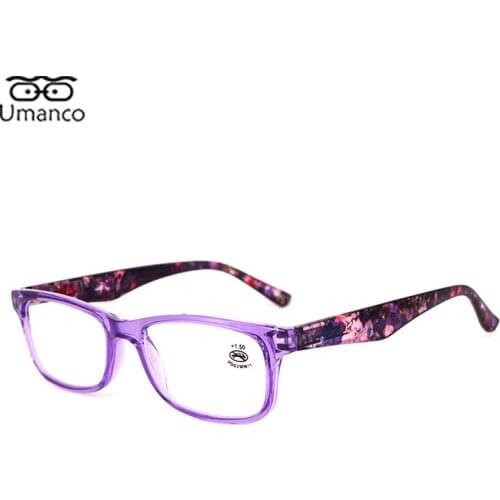 2021 Trendy Square Elegant Reading Glasses for Women PC Frame Purple Pattern Print Eyeglasses With Presbyopia +1.0~+3.5