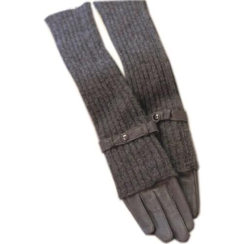 Genuine leather gloves sheepskin gloves female cashmere gloves long gloves black coffee