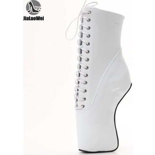 Jialuowei 18cm/7" High Heels Cross-tied Zip Fetish Sexy Wedge Hoof Sole Heelless Pinup Ballet Ankle Boots Plus 36-46