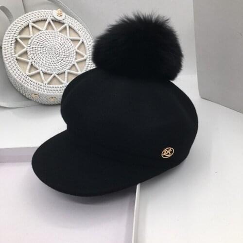 Removable really fox hair bulb octagonal cap wool double gold metal logo homburg model