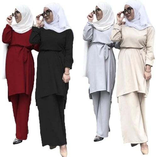 Turkish Muslim Abaya Women Long Sleeve Tops Blouse Wide Leg Pants Solid Color Islamic Clothing Arab Sets 2019 Autumn Casual Suit