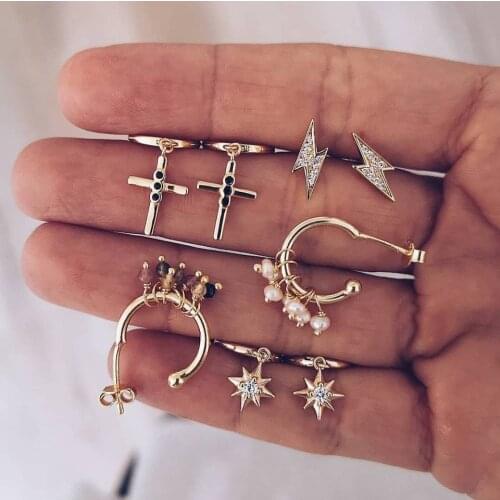 Vintage Crystal Star lightning Geometric Earring Set For Women Statement Tassel Earrings Handmade Jewelry