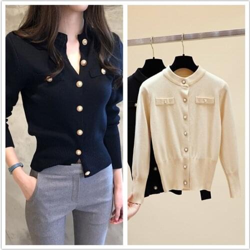 Knitted Women Sweater Cardigan Pearl Button O Neck Long Sleeve Female Coat Hongkong Style Purple office Ladies 2021 Autumn