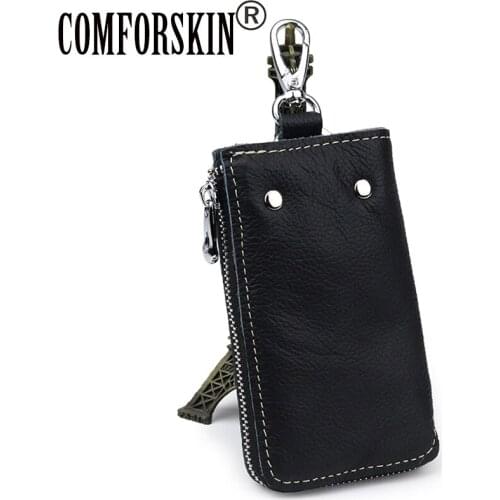 COMFORSKIN High Quality Genuine Leather Key Wallet Multi-function Key Chain Zipper Key Case Bag Men Key Holder Housekeeper Key