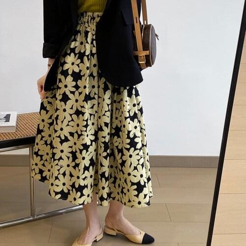 High Waist Floral Mid-Length Skirt Womens Korean Fashion Loose Skirt Woman Casual Slim A-Line Skirts Ladies 2021