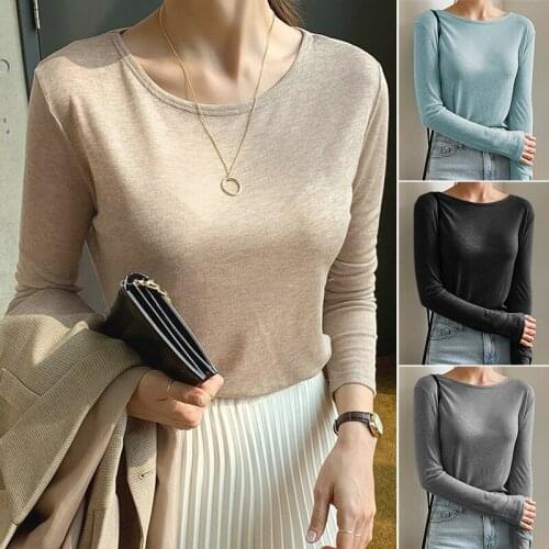 Women Round Neck Long Sleeve T-Shirt Spring Casual Thin Tops Shirt Solid Korean Clothing Plain T Shirts