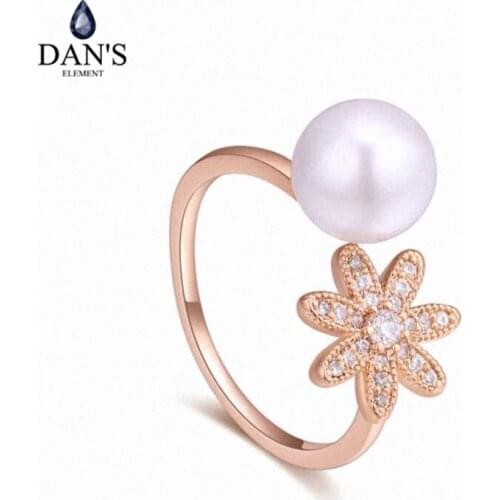 DANS New Hot Sale 2 Colors AAA Zirconia Micro Inlays Romantic Pearl Fashion Flower Rings For Women Valentine Gift 129846