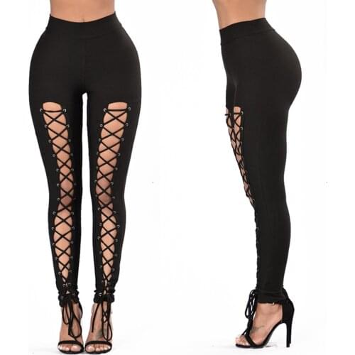 Womens Lace Up Leggings Front Hollow Out Stretch Skinny Pants Sexy Trousers Black