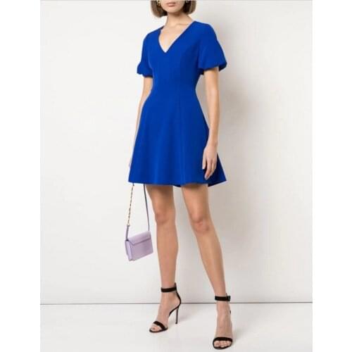 Summer Dress 2020 New High End Little Flare Sleeve Womens Dress Slim V neck Commute A Word Blue Dress Drape Female Vestidos