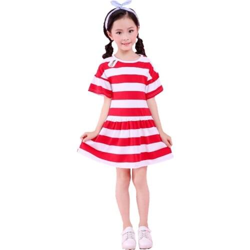 2019 Summer new fashion girls dress Pure cotton Elastic force stripe Lotus Longuette kid clothes Party dresses Children clothing