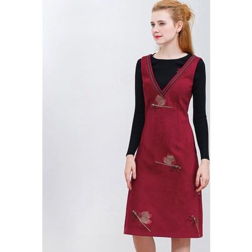 Abrini 2021Winter Velvet Red Vintage Dress Embroidered V-Neck Women Slim Warm Sleeveless Dress Casual Party Dresses Pocket Sweet
