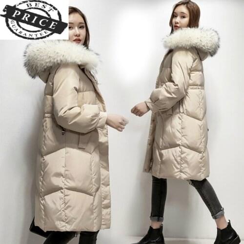 Winter Down Jacket Women Long Down Coat Female Real Raccoon Fur Hooded Thick Warm Jackets Korean Outwear Clothes LWL110a