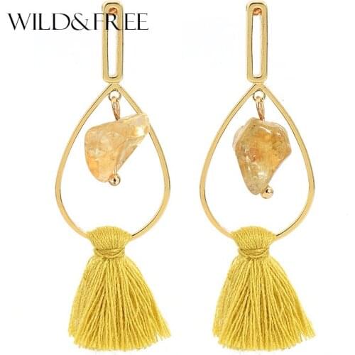 2017 New Vintage Yellow Stone Earrings With Tassel Pendant Fashion Water Drop Geometric Drop Earrings Jewelry For Women Brincos