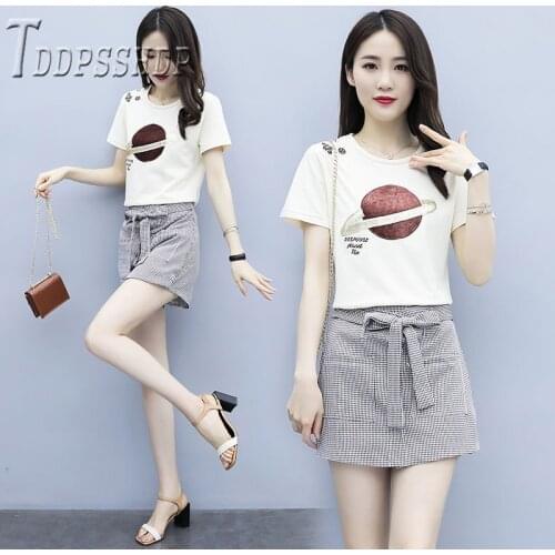 2019 Planet Print T Shirt And Waist Strap Skirt Women Sets Casual Female Sets