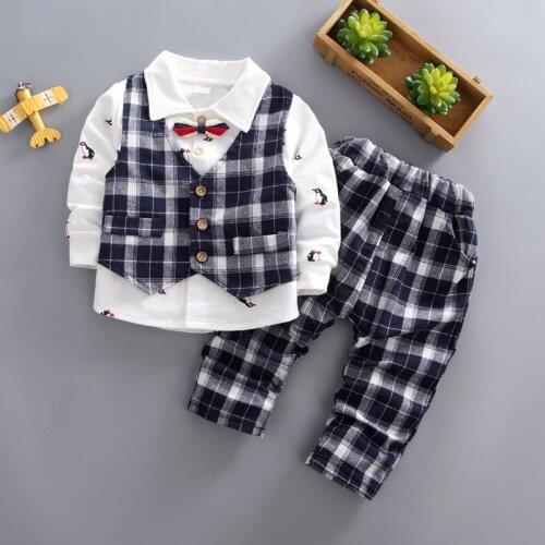 2020 Autumn Boys Fashion Clothes Set Cartoon Penguin Long Sleeve Shirt Vest Pants 3-Piece Set Plaid Casual Kids Set
