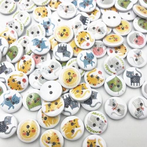 30/50/100pcs white 2 Hole Mixed Cat Cartoon Round Wood Buttons Home Sewing Scrapbooking Decor Clothing 15mm WB771