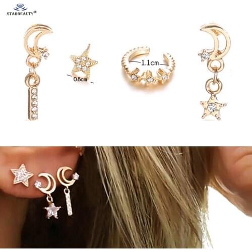 4pcs/lot Hot White Bijoux Star Moon Ear Piercing Helix Piercing Tragus Nose Ring Fake Piercing Earrings Set Pircing Ear Jewelry