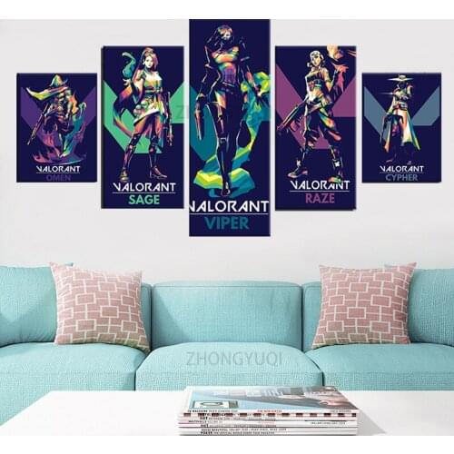 5 Pieces Valorant Game Posters Omen Sage Viper Raze Cypher Oil Painting on Canvas Wall Art Home Decor Background Wall Stickers