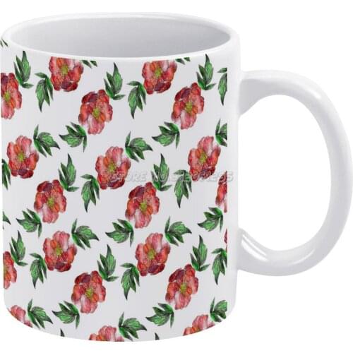 Watercolor Peonies Red Spring Girly Grid Violet White Mug 11oz Funny Ceramic Coffee Tea Milk Cups Red Watercolour Watercolor Flo