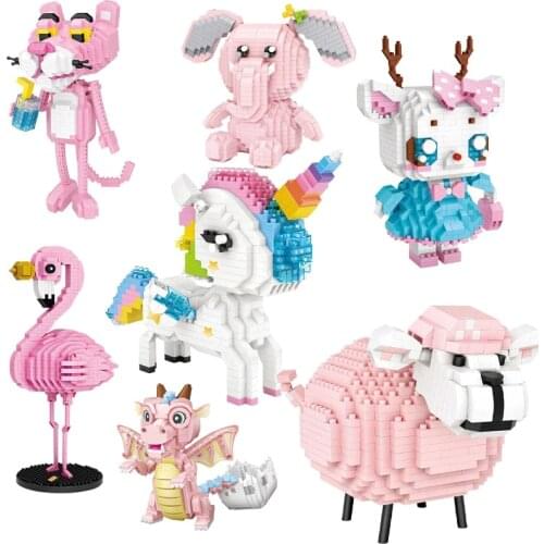 Loz Diamond Mini Block DIY 3D Dinosaur Building Bricks Pink Figures Cute Animal Bear Sheep Unicorn Model Bricks Toys for Kids
