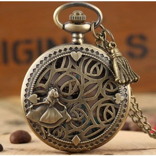 Bronze Lovely Princess Alice In Wonderland Theme Hollow Quartz Pocket Round Dial Pendant Clocks for Girls with Tassel Accessory