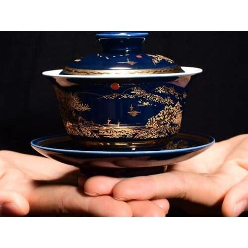 Antique Blue Gaiwan Exquisite flower teacup Big tea bowl for travel easy kettle Vintage tea set tureen