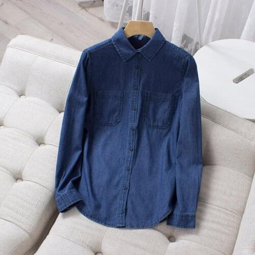 Cotton Denim Women Shirts Autumn New 2021 Turn-Down Collar Pocket Straight Casual All Match Female Outwear Coats Tops