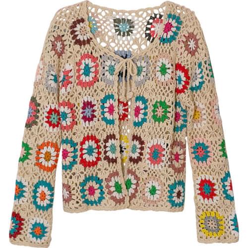 Retro hollow long-sleeved cardigan 2021 spring and autumn new womens ethnic style coat crocheted sweater