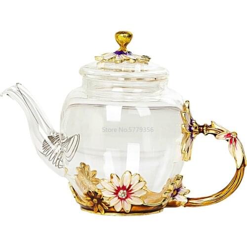 Beautiful Enamel Crystal Tea Set Daisy Glass Teapot for Hot and Cold Drinks Home Drinkware Office Kettle Teaware Set Coffee Pot