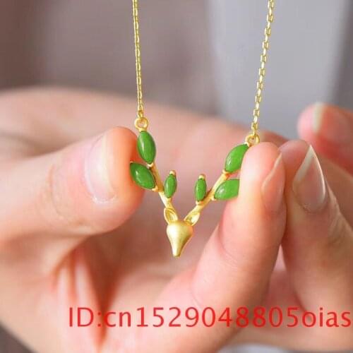 Natural Hetian Jade Elk Deer Pendant Necklace Green Jewelry Gifts Amulet 925 Silver Fashion Chalcedony