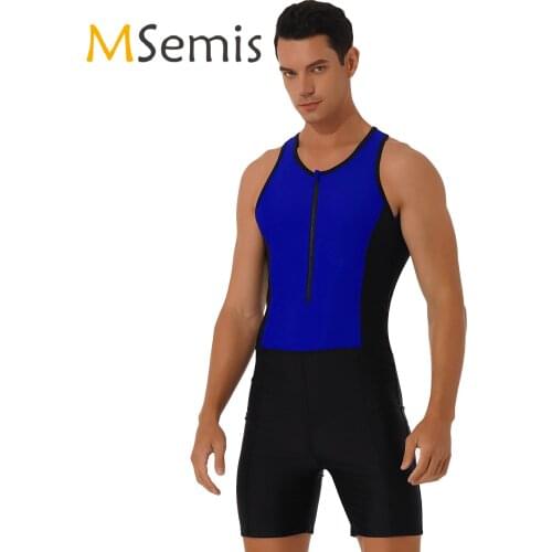Mens Swimming Bathing Suit Round Neck Front Zipper Closure Triathlon Wetsuit Racer Back Color Contrast Shorts Jumpsuit Bodysuit