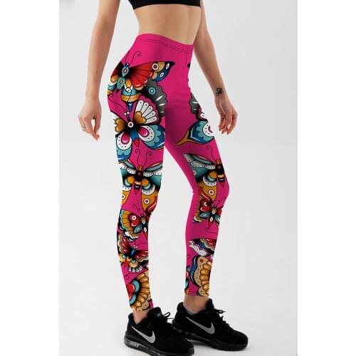 Qickitout Sexy Fashion Women Leggings Two Side Butterflies Printed Rose-Red Color Leggings New Design Trendy Casual Workout Pant