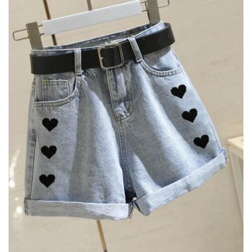 Love denim shorts female high waist slimming summer new embroidery loose wide leg pants student curling hot pants trend 2021