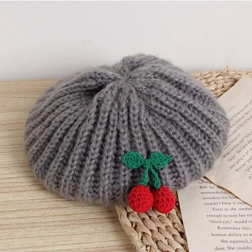 Girls Cute Cherry Berets Korean Style 20CM New Autumn Winter Warm hats Girls Soft Knitted High Quality Berets