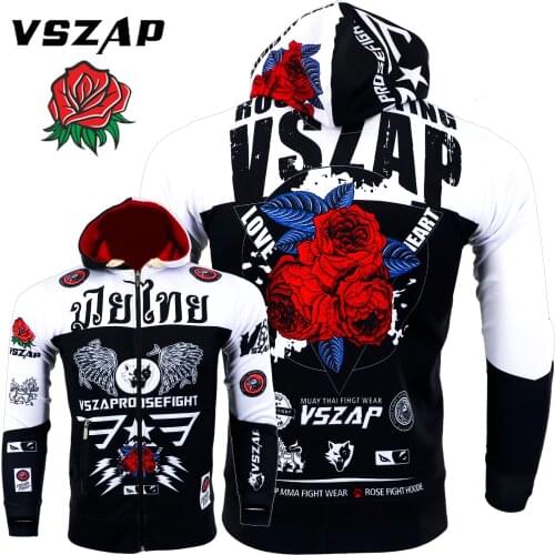 VSZAP Rose Warm Boxing Muay Thai Sweatshirts Gym Cloth Shirt Fighting Martial Arts Fitness Men MMA Rock Hoodies Workout Jacket