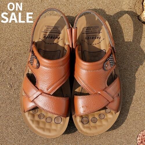 SALE Men Genuin Leather Sandals Big Size Beach Shoes Summer Slippers Slides Clean Stcok Male Sandal
