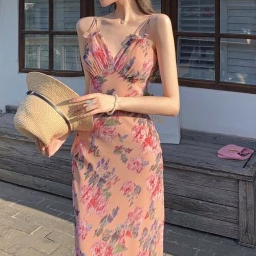 Summer Sexy Strap Dress Women Korean Backless Beach V-Neck Elegant Floral Dress Casual Bodycon Holiday Party Midi Dress 2021