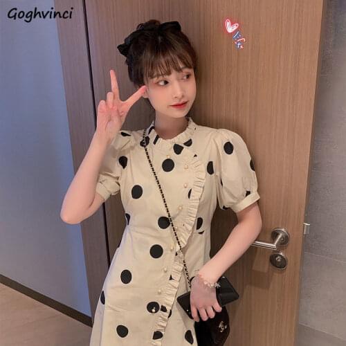 Puff Sleeve Dress Women Polka Dot Chinese Style Ruffles Pearl-buckle Fashion Vintage Mini Slender Chic All-match Vestidos Retro